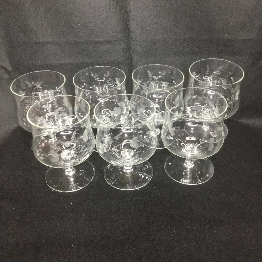 7 X Arcadia Flower Etched Seafood Cocktail No Liner 5" Romanian Stemmed Glass